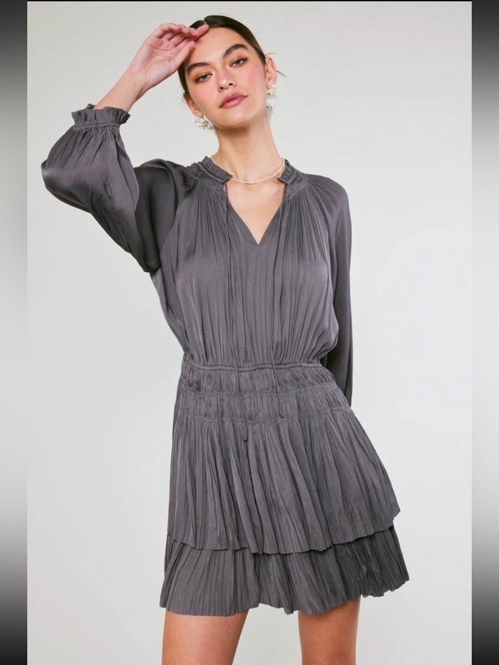 Anthropologie Currant Air Charcoal Pleated Tiered Mini Dress Medium